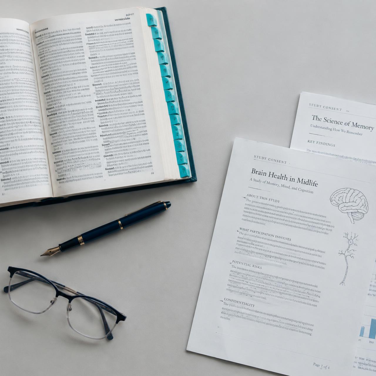 Open dictionary with turquoise index tabs beside a pen, glasses, and printed study pages