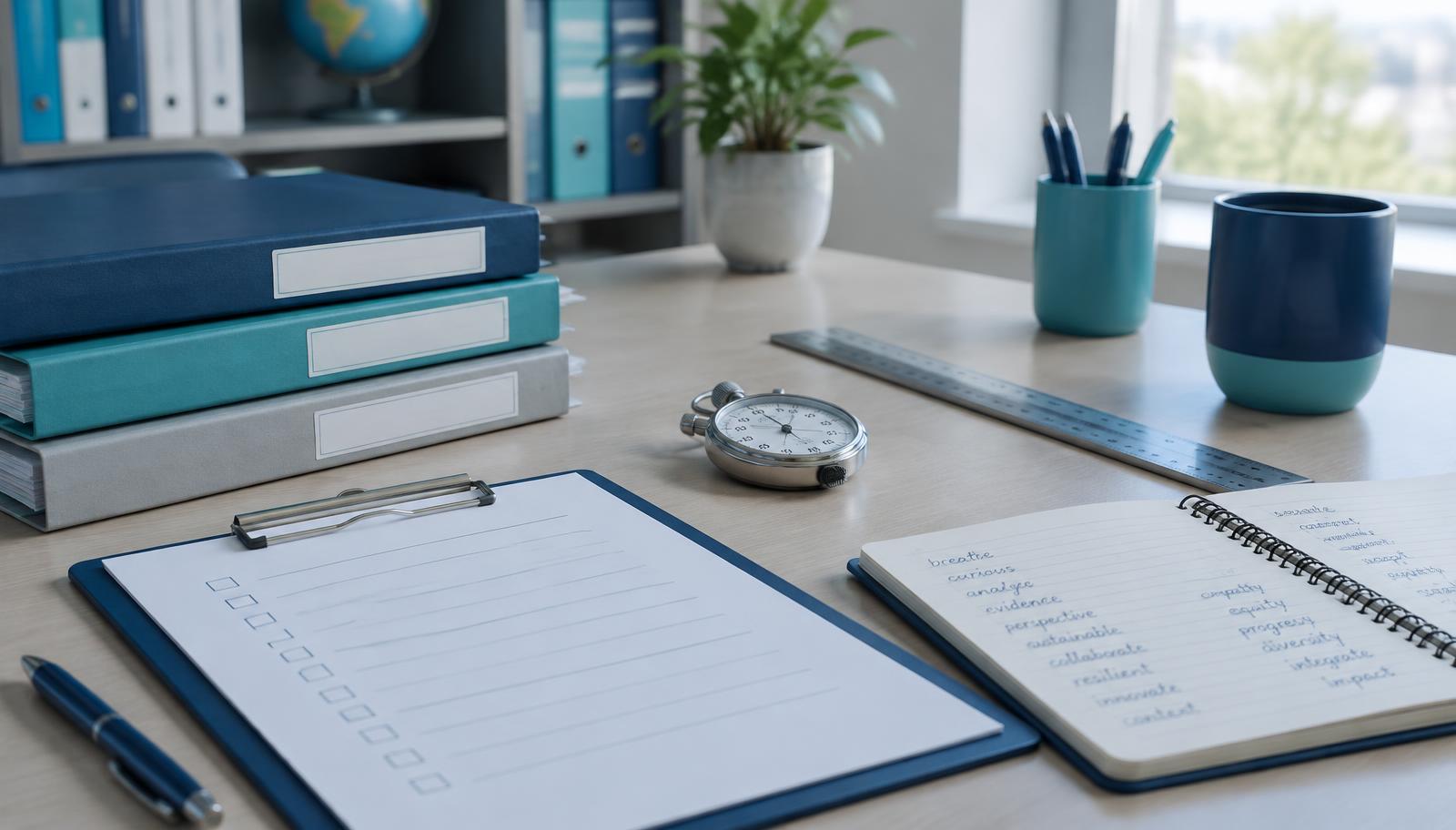 Research desk with labeled folders, a checklist clipboard, a stopwatch, and a vocabulary notebook