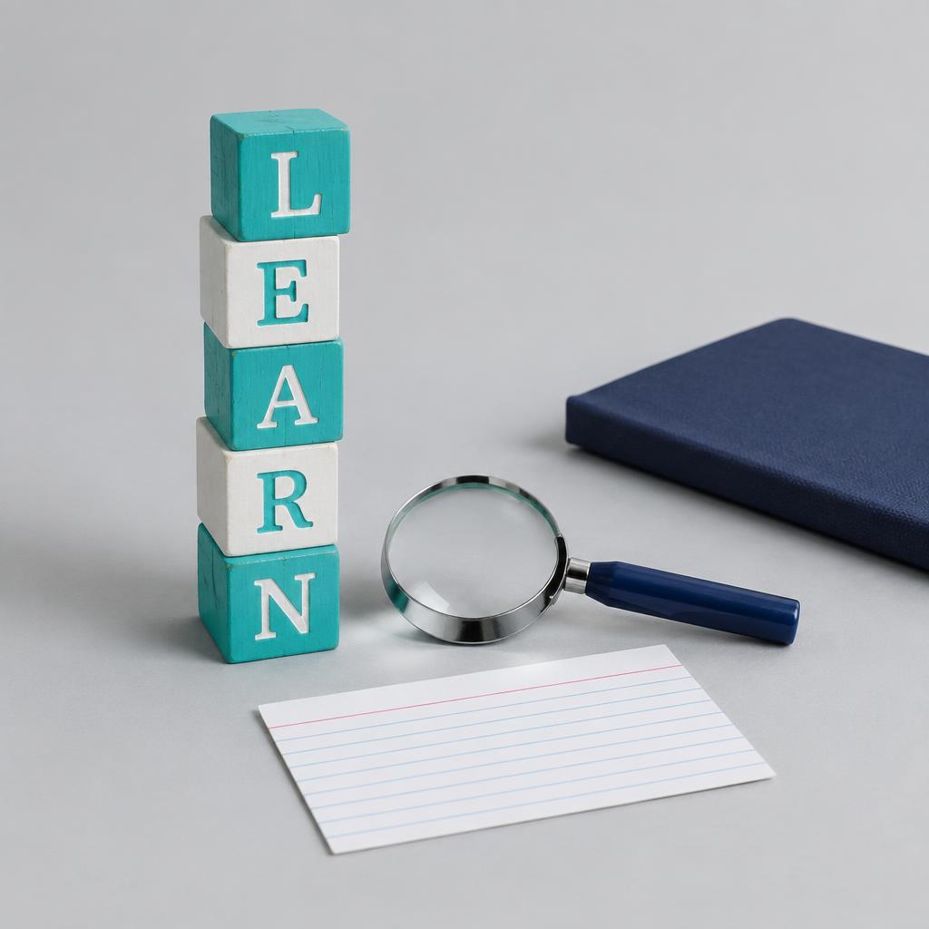 Wooden letter blocks spelling learn beside a magnifying glass and an index card